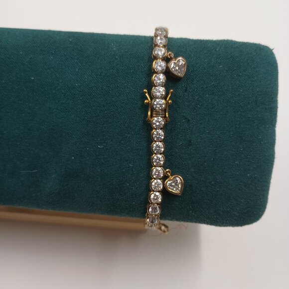 CZ Goldtone 925 Sterling Silver Tennis Bracelet with Dangle Hearts. - Picture 2 of 5